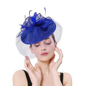 3348 Sinamay Women Feather Fascinator Hat With Veil, Cocktail Tea Party